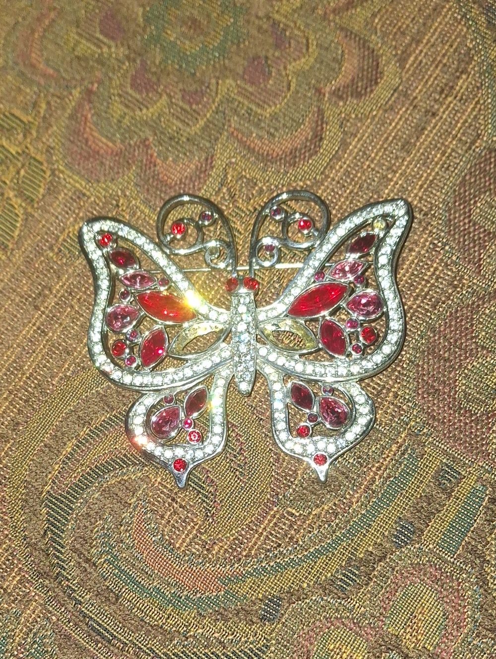Silver-Tone Butterfly Brooch with Red and Pink Stones